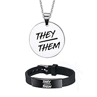 2 Pack They Them Pronouns Bracelet Necklace for Adults Kids, Adjustable Silicone Nonbinary Reminder Wristband Stainless Steel NB Pride Genderqueer Gender Identity ID Tag Pendant Chain for Unisex