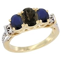 14K Yellow Gold Natural Smoky Topaz & Blue Sapphire Ring 3-Stone Oval Diamond Accent