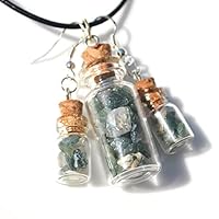 Moss Agate Stones in Matching Delicate Glass Vial Earrings and Necklace