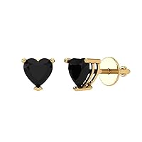 1.1 ct Brilliant Heart Cut Solitaire VVS1 Fine Natural Black Onyx Pair of Stud Earrings Solid 18K Yellow Gold Screw Back
