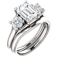 2 CT Emerald Cut Colorless Moissanite Engagement Ring Set Wedding/Bridal Ring Set, Diamond Ring Set, Anniversary Solitaire Three Stone Promise Vintage Antique Gold Silver Ring Set