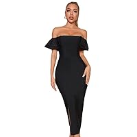 Exclusive Women Casual Formal Evening Dress Black Off Shoulder Split Bandage Sexy Summer Ruffle Bridesmaid Gowns Dress