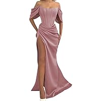 Off The Shoulder Prom Dress Mermaid Ruched Satin Bridesmaid Dresses for Wedding Slit Evening Gowns
