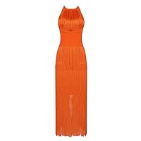 Summer Women's Dress Slim Waist Sleevless Tassel Orange Blackless Mid-Calf Dresses Female