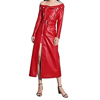 Stunning Slash Neck Classic PU Leather Maxi Dress for Women with Long Sleeves