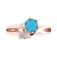 0.82ct Round Cut 3 stone love Solitaire Simulated Cubic Zirconia Blue Turquoise Modern with accent Ring 14k Pink Rose Gold