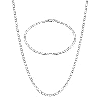 KISPER Solid 925 Sterling Silver Italian 3mm Diamond-Cut Mariner Link Chain Necklace & Bracelet Set - for Men & Women with Lobster Clasp - Made in Italy, 22