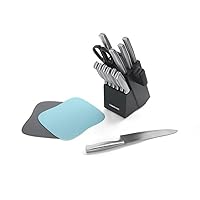 Farberware Stainless Steel Knife Block Set with Built-In Sharpener and Cutting Mats, 15-Piece Value Set, High-Carbon Stainless Steel Kitchen Knives, Razor-Sharp Knife Set with Boards, Black
