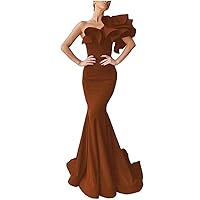 Women's One Shoulder Ruffles Satin Mermaid Prom Dresses Long Formal Evening Party Gowns Sleeveless 2024