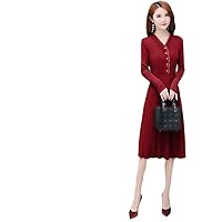 Spring Autumn Basic Casual V Neck Knitted Dress Women Long Sleeve Knee-Length A-Line Sweater Dresses Wine red L