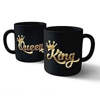 King Queen Printed Black Ceramic Coffee and Tea Mug Gifts for Anniversary/Couple/Wedding Set of 2 (325 ml)