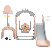 Dorafair Toddler Slide and Swing Set 5 in 1 Climber Slide Playset with Adjustable Basketball Stand, Ball and Climb Stairs Kids Playset for Both Indoors Outdoor Backyard with Music Player, Pink