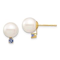 14k Gold 8 8.5mm White Round Freshwater Cultured Pearl Tanzanite Post Earrings Measures 11.13mm long Jewelry Gifts for Women