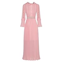 Autumn Embroidery Long Dresses for Women Pink1 Elegant Flare Sleeve Pleated Party Dresses Holiday Maxi Robes