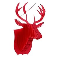 Deer Head Antler 3D Puzzle Jigsaw DIY Art Paper Rudolph Reindeer Animal Model Home Office Accent Kid Room Wall Hanging Mounted Plaque Decor Toy Kit (Red)