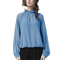 Women' Long Sleeve Ruffled Collar Chiffon Top Solid Color Loose Spring Summer Blouse with Key-Hole Pull On Shirt