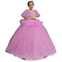 Girl's Puff Sleeves Flower Girl Dresses Tulle Layers First Communion Dresses Pink Purple