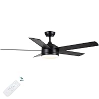 YUHAO 52 inch Black Ceiling Fan with Lights and Remote Control,Dimmable tri-Color temperatures LED,Quiet Reversible Motor,5 Blades Modern Ceiling Fans for Indoor.