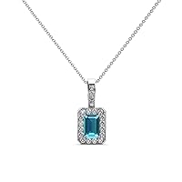 Emerald Cut London Blue Topaz & Natural Diamond 3/4 ctw Women Halo Pendant Necklace. Included 18 Inches Chain 14K Gold