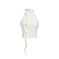 WDIRARA Women's Floral Appliques Ruffle Backless Halter Tops Button Back Slim Fit Strapless Solid Tank Tops
