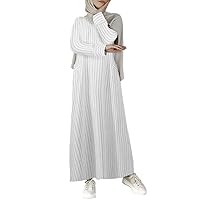 IMEKIS Abaya Long Sleeve Floral Printed Maxi Dress for Muslim Women Middle East Arabian Stripe Loose Fit Robe with Pockets