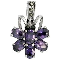 Sterling Silver Marcasite Flower Pendant, w/Amethyst Color CZ Stones, 1 1/8 inch (28 mm) Tall