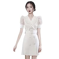 Autumn Winter Office Lady Dress Runway Women Notched Double-Breasted Patchwork Mesh White Lantern Sleeve Dress with