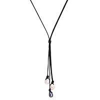 3 Cultured Freswhater Pearls Y Shaped Necklace Boho Tree of Life Platinum Wire Wrapped Natural Amethyst Pendant Necklace on Genuine Leather Cord for Women