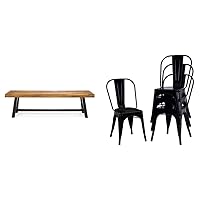 Christopher Knight Home Carlisle Outdoor Acacia Wood and Rustic Metal Bench + FDW Metal Dining Chairs Set of 4