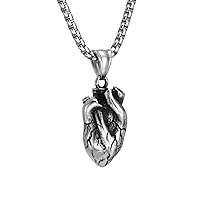 Solid Stainless Steel Mens Anatomical Real Human Heart Pendant Necklace