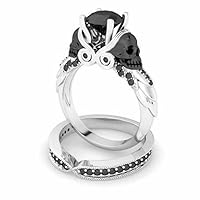 Destiny jewel 2.11ct black round cut diamond skull view engagement wedding bridal ring set, 925 sterling silver white gold over ring set (11.25)