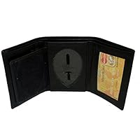 Leatherboss Genuine Leather Police Shield Shape Badge Holder Trifold Wallet, Black