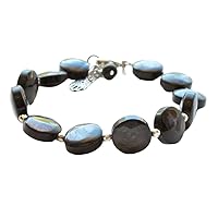 Natural Hypersthene 10mm Coin Shape Smooth Cut Gemstone Beads 7 Inch Adjustable Silver Plated Clasp Bracelet For Men, Women. Natural Gemstone Stacking Bracelet. | Lcbr_03640, Black