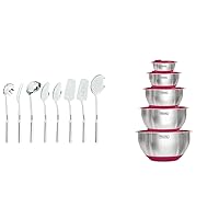 8pc Stainless Steel Ergonomic Kitchen Utensil Set, Silver & Viking 10-Piece Stainless Steel Mixing Bowl Set, Stackable with Lids, Red