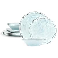Zak Designs French Country House Melamine Dinnerware Set Includes Dinner, Salad Plates, and Individual Bowls, 12-Piece, Break-resistant Dishwasher Safe ( Sky Blue )