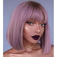 Purple Bob Wig - Short Purple Straight Bob Wigs with Bangs for Women, Colorful Short Hair Wig, Cute Synthetic Wig for Cosplay, Daily, Halloween (12inch)