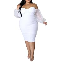 Women Long Puff Sleeve Ruched Midi Formal Dress Plus Size Square Neck Mesh Slim Party Cocktail Dress