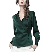 Suit Collar EN8 Satin Blouse Women Long Sleeve Tops Beaded V-Neck Irregular Button-Down Shirt Autumn Office Shirt