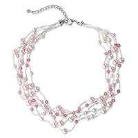NOVICA Handmade Freshwater Pearl Crystal Choker Stainless Steel Glass Bead White Thailand Bridal Birthstone 'Rose Mist'