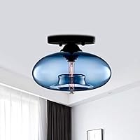 LITFAD 1 Light Oval Semi Flush Ceiling Lighting with Blue Glass Shade Minimalist Outdoor Flushmount in Black Modern Ceiling Lamp for Bedroom Dining Room Hotel Entry