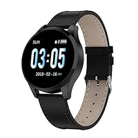 New IP68 Waterproof Fitness Smart Watch Heart Rate Tracker Smartwatch for iPhone Android (Black - Leather Band)