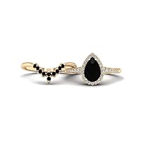 Teardrop 1.00 CT Black Onyx Engagement Ring Set Yellow Gold Unique Black Stone Silver Halo Wedding Ring for Women Vintage Bridal Promise Rings for Her