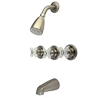 Kingston Brass KB238PX Tub and Shower Faucet with 3-Porcelain Cross Handle, Brushed Nickel,5-Inch Spout Reach
