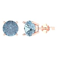 3.0 ct Round Cut Solitaire Natural Aquamarine Pair of Stud Everyday Earrings 18K Pink Rose Gold Butterfly Push Back