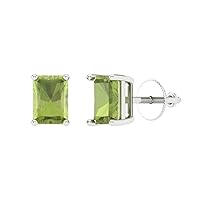 0.9ct Emerald Cut Solitaire Natural Light Green Peridot Unisex pair of Stud Earrings 14k White Gold Screw Back conflict free