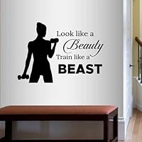 Wall Vinyl Decal Home Decor Art Sticker Look Like a Beauty Train Like a Beast Motivation Quote Phrase Girl Woman Workout with Dumbbells Gym Sport Room Removable Stylish Mural Unique Design 2807