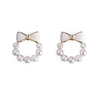 Channel V Large Pearl Earrings Small Bow Pearl Cute Dangle Earrings Pearl Flower Tear Drop Stud Earrings Ribbon Bow Wedding Earring Jewelry Gift for Women Girls