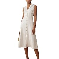 Women's Summer Sleeveless Dress 2023 Casual Lapel Button Down A Line Midi Dresses with Pockets
