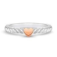925 Sterling Silver Two Tone Heart Ring with Twisted Band for Preteens and Teen Girls Size 5, 6 & 7 - Rose Gold Flashed Ring For Young Girls With Sensitive Skin - Heart Shaped Rings for Girls
