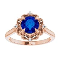 18K Rose Gold 1.5 CT Round Blue Sapphire Ring Engagement Ring Filigree Sapphire Ring Gemstone Ring Anniversary Promise Ring Jewelry